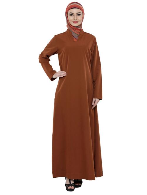 solid brown full sleeved abaya - 13117404 - Very Small Image - 1