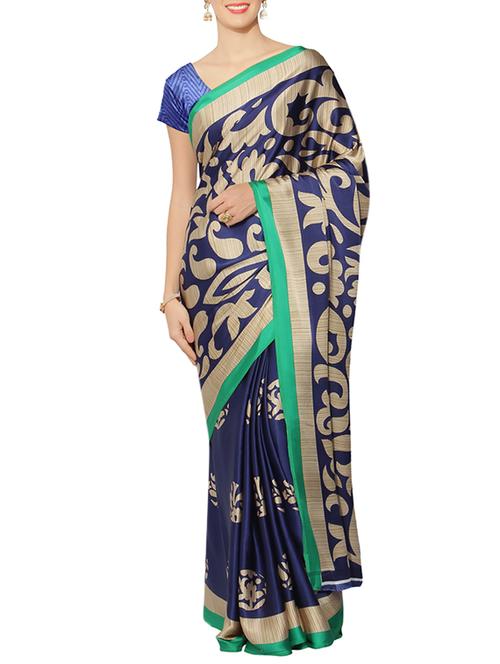 blue crepe printed saree with blouse - 13120134 - Very Small Image - 1