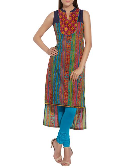 multi colored printed cotton high low kurta - 13142035 - Very Small Image - 1