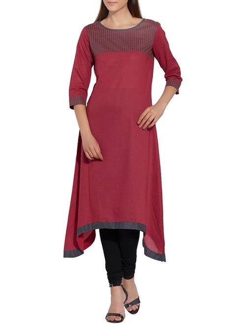 red cotton asymmetric kurta - 13142041 - Very Small Image - 1