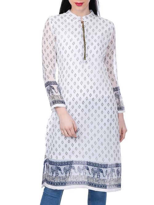 white georgette printed straight kurta - 13143452 - Very Small Image - 1