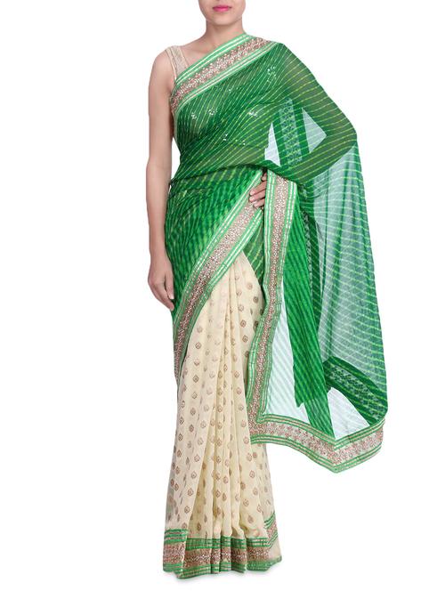 green and cream lehariya saree with lace border - 1314360 - Very Small Image - 1