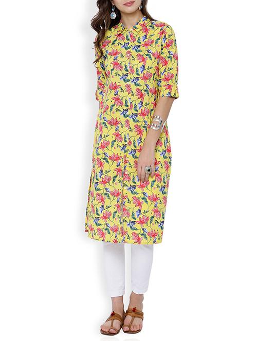 yellow cotton printed straight kurta - 13145301 - Very Small Image - 1