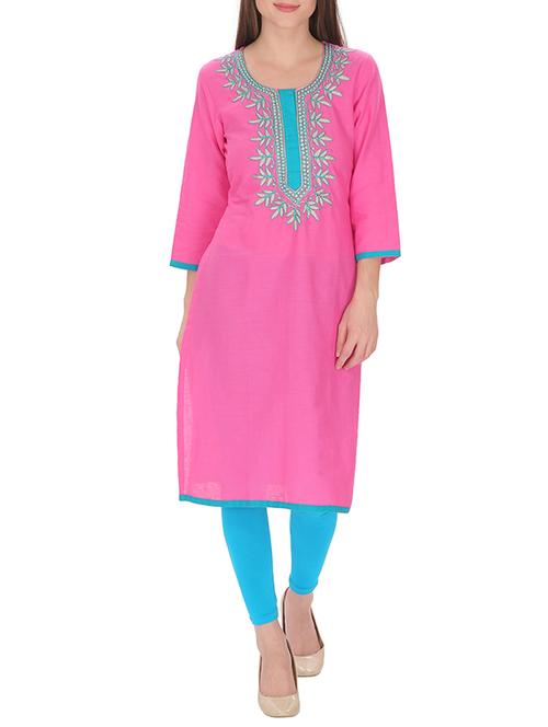 pink cotton embroidered straight kurta - 13146529 - Very Small Image - 1