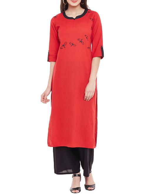 red cotton straight kurta - 13146797 - Very Small Image - 1