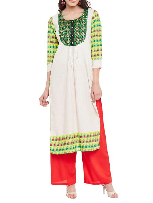 white and green cotton straight kurta - 13146805 - Very Small Image - 1