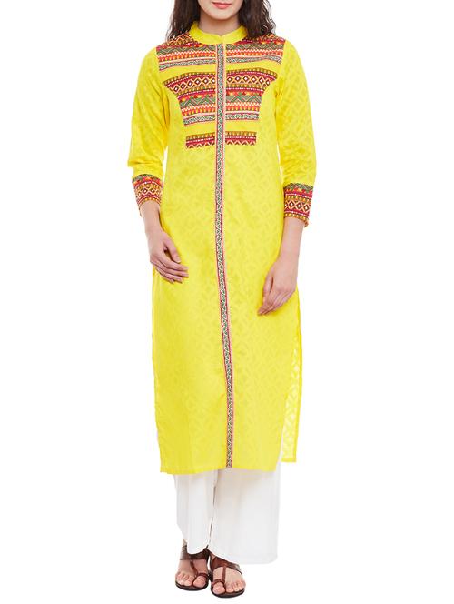 yellow cotton straight kurta - 13146828 - Very Small Image - 1