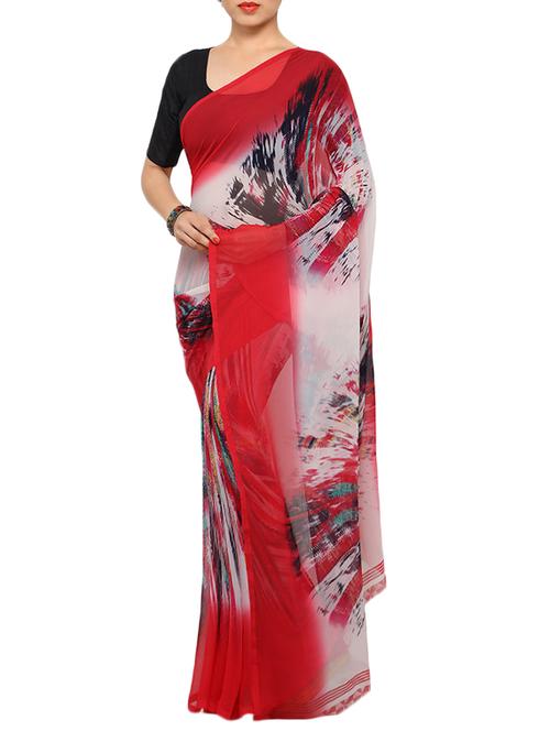 red georgette printed saree - 13148268 - Very Small Image - 1