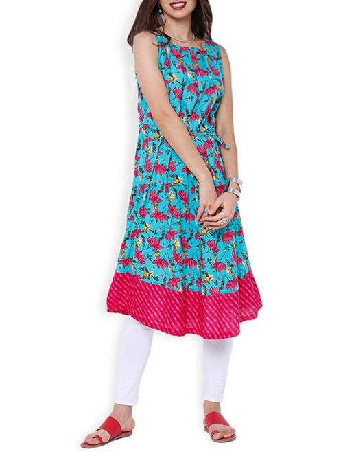 sky blue cotton printed a-line kurta - 13151726 - Very Small Image - 1