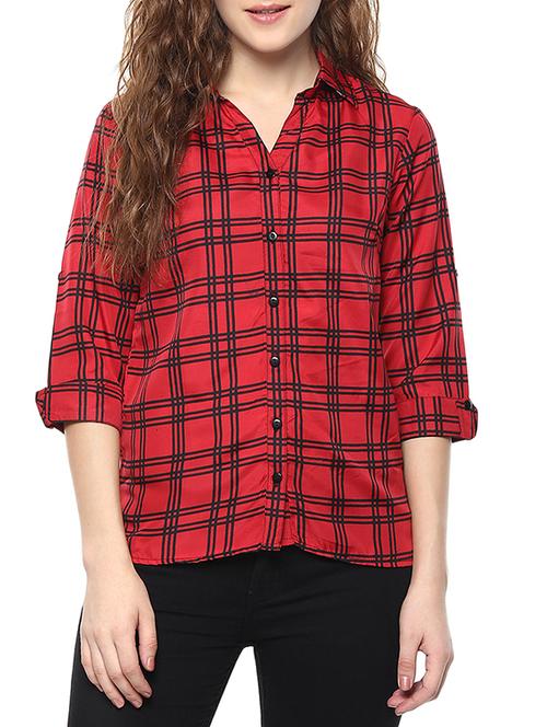 red checkered crepe regular shirt - 13153294 - Very Small Image - 1