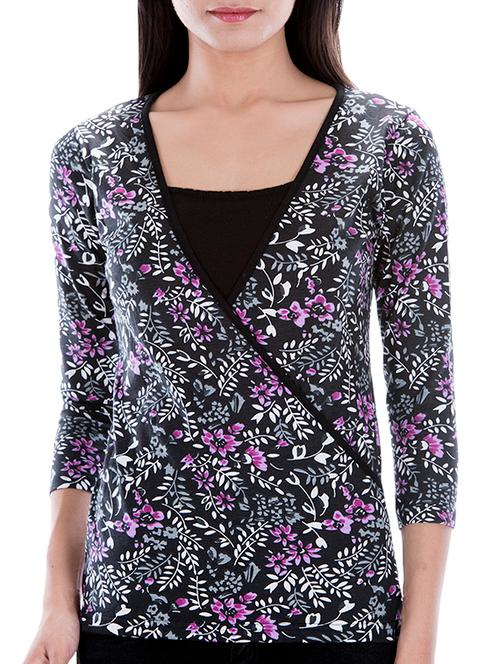 faux wrap over lap neck floral top - 13155134 - Very Small Image - 1