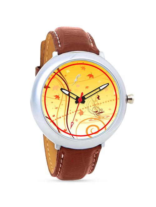 brown leather wrist watch with leaf printed dial - 1315584 - Very Small Image - 1