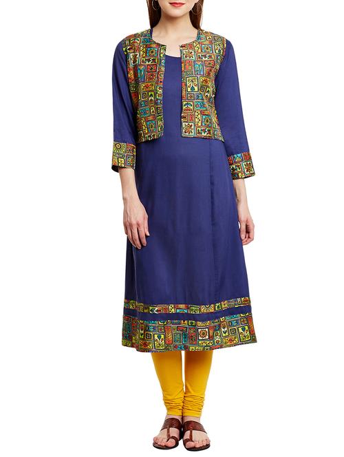 blue rayon printed a-line kurta - 13158123 - Very Small Image - 1