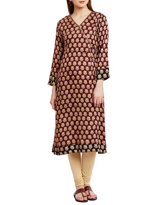 maroon rayon printed angrakha kurta - 13159470 - Very Small Image - 1