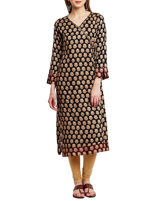 black rayon printed angrakha kurta - 13159473 - Very Small Image - 1