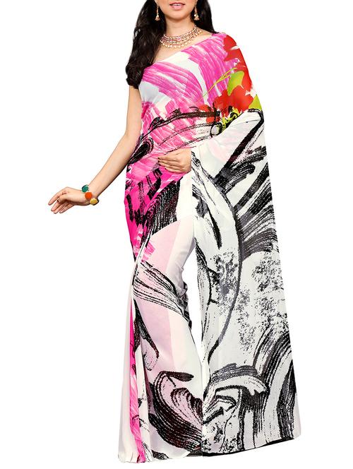 white georgette printed saree - 13160401 - Very Small Image - 1