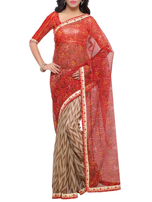 red cotton bandhani saree with blouse - 13160408 - Very Small Image - 1