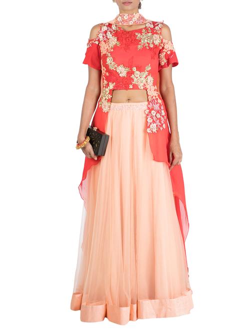 red stitched lehenga set - 13160718 - Very Small Image - 1