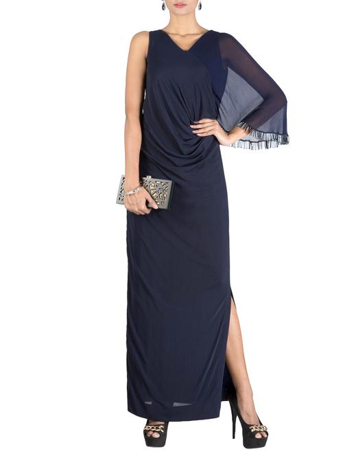 midnight blue one side cape drape dress - 13160725 - Very Small Image - 1