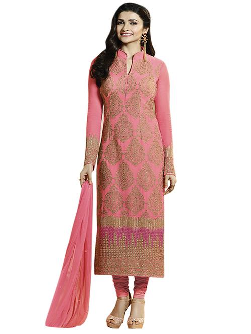 pink georgette embroidered churidaar semi-stitched suit - 13160885 - Very Small Image - 1