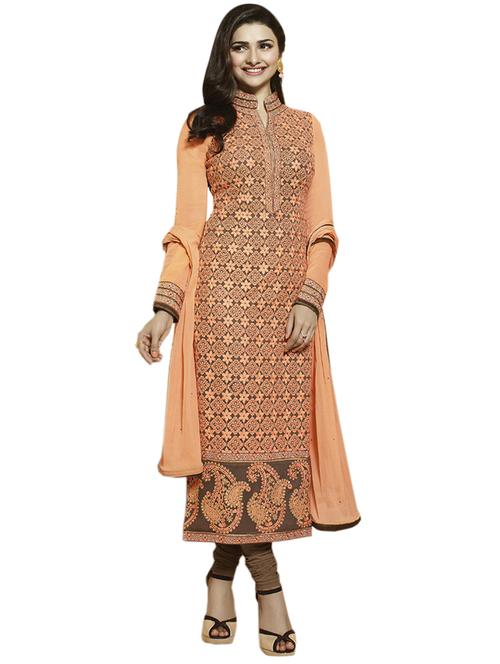 orange colored straight semi-stitched suit - 13160887 - Very Small Image - 1