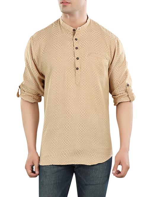 solid beige check cotton kurta - 13168736 - Very Small Image - 1