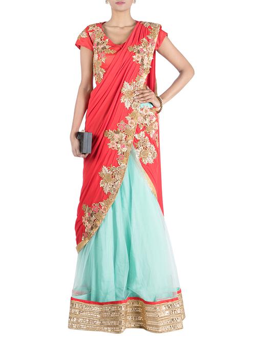 sea green & tomato red lehenga saree - 13169193 - Very Small Image - 1
