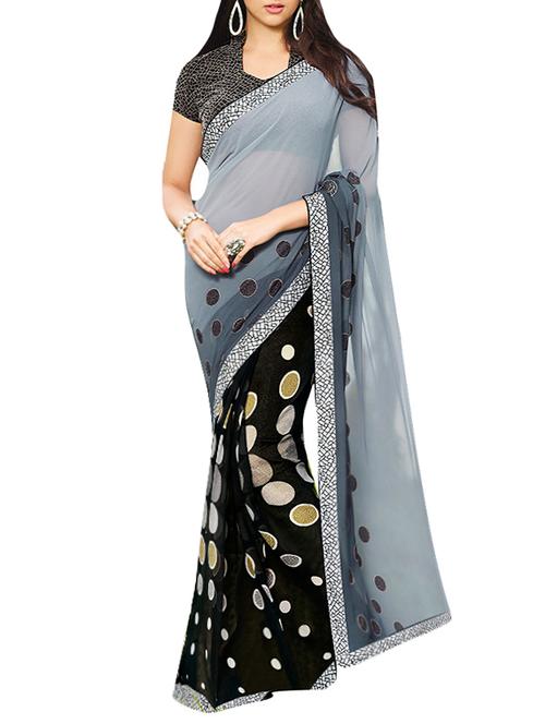 grey & black georgette half and half saree - 13169678 - Very Small Image - 1
