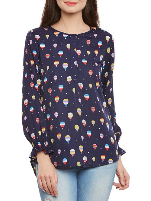 navy blue printed polycrepe regular top - 13174156 - Very Small Image - 1
