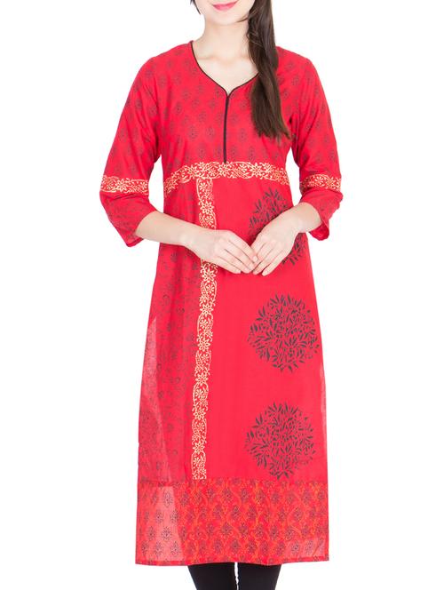 red cotton block printed straight kurta - 13178565 - Very Small Image - 1