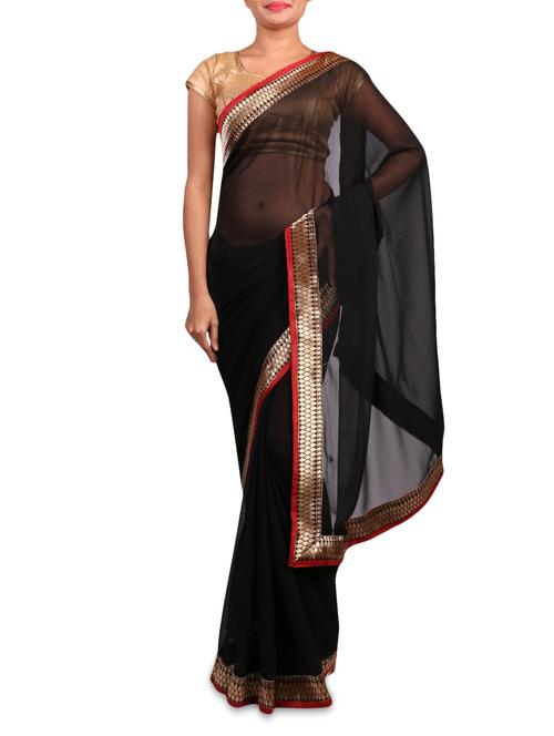 black chiffon sari with gold border - 1317992 - Very Small Image - 1