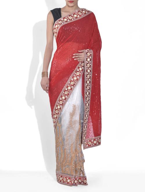 red and white georgette embroidered sari - 1318687 - Very Small Image - 1