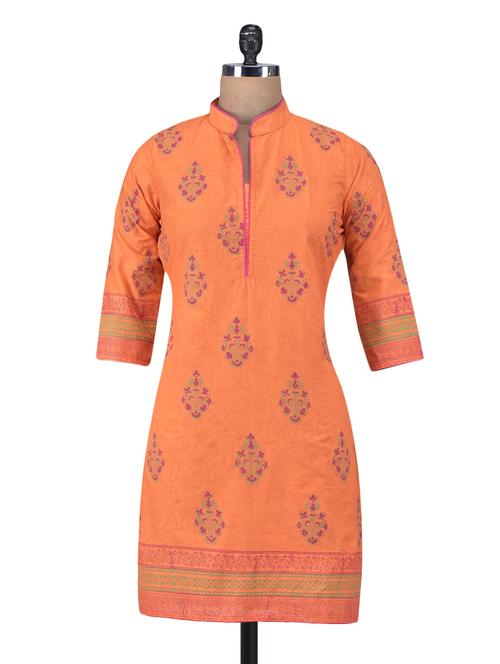 orange cotton embroidered kurta - 1320097 - Very Small Image - 1