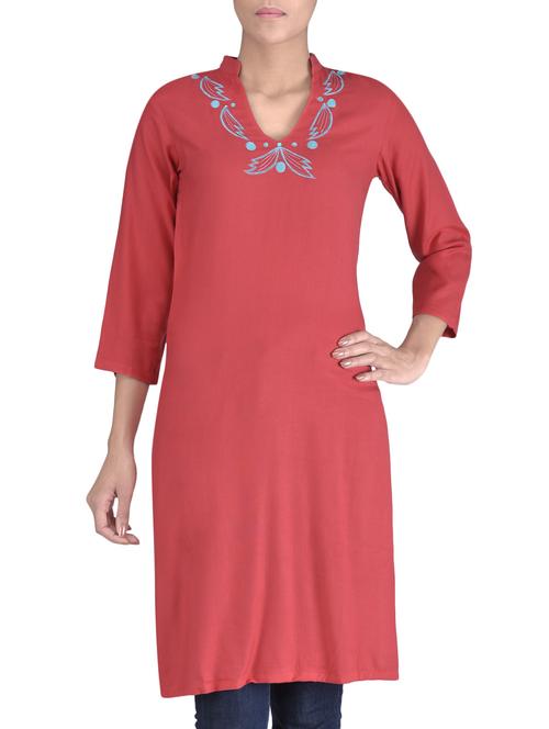 red rayon embroidered kurti - 1320572 - Very Small Image - 1