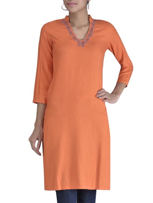 orange rayon embroidered kurti - 1320578 - Very Small Image - 1