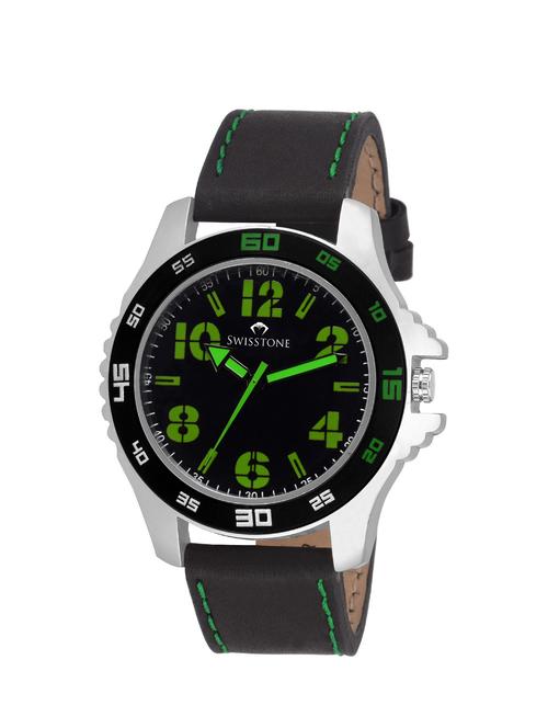 swisstone ftrek064-grn black dial black leather strap analog wrist watch for men/boys - 13210605 - Very Small Image - 1