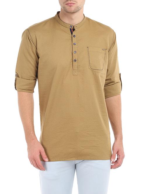 solid light brown cotton kurta - 13215708 - Very Small Image - 1