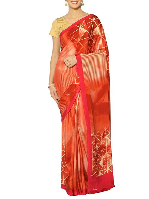 orange printed saree with blouse - 13217164 - Very Small Image - 1