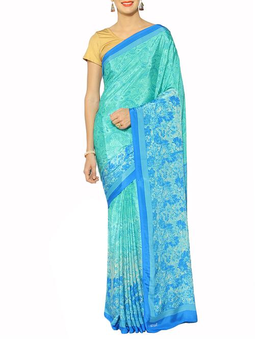 turquoise printed saree with blouse - 13217178 - Very Small Image - 1