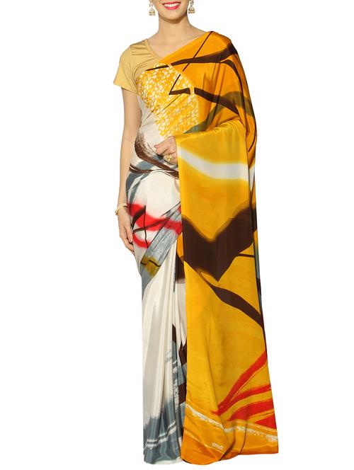 yellow crepe printed saree with blouse - 13217180 - Very Small Image - 1