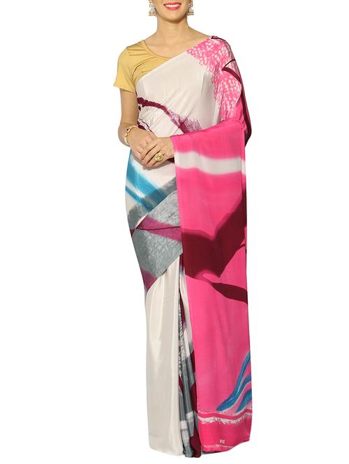 pink crepe printed saree with blouse - 13217181 - Very Small Image - 1