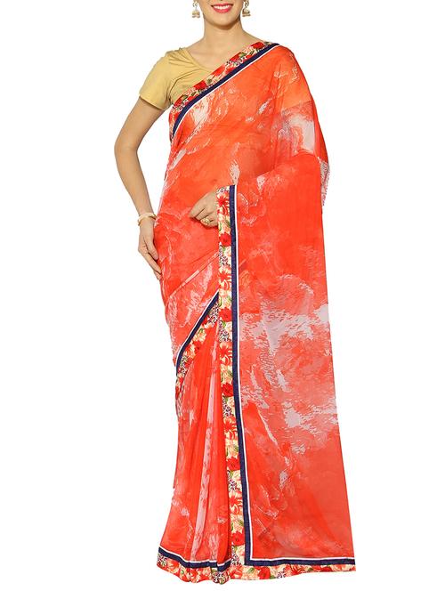 orange georgette printed saree with blouse - 13217190 - Very Small Image - 1