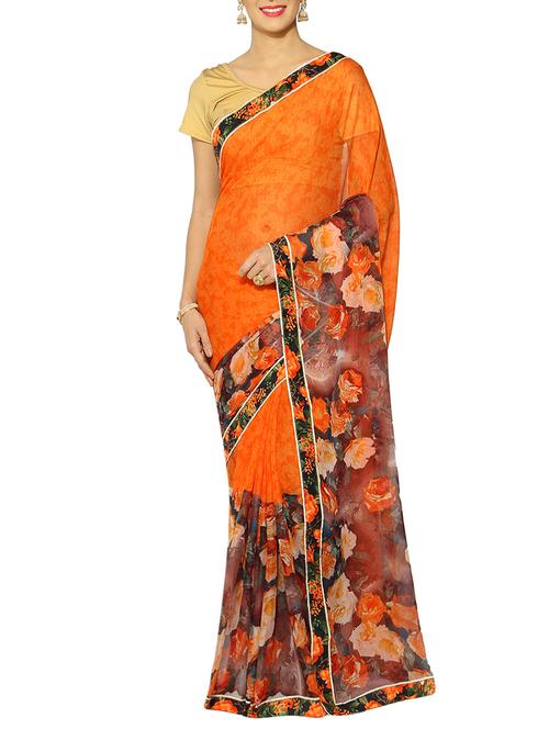 orange georgette printed saree with blouse - 13217192 - Very Small Image - 1