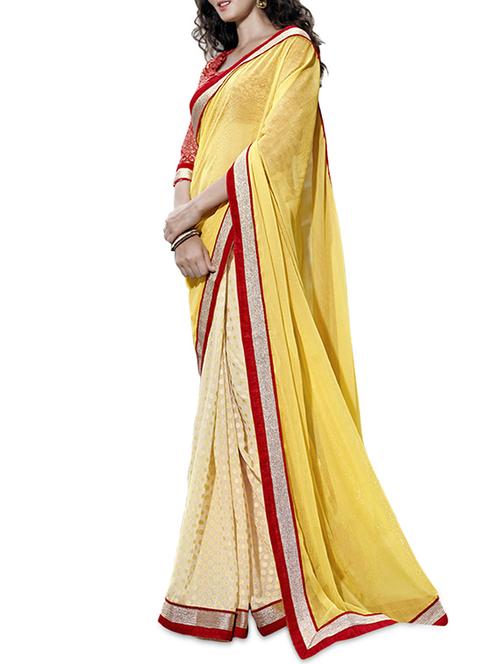 yellow and beige chiffon half & half saree with blouse - 1322695 - Very Small Image - 1