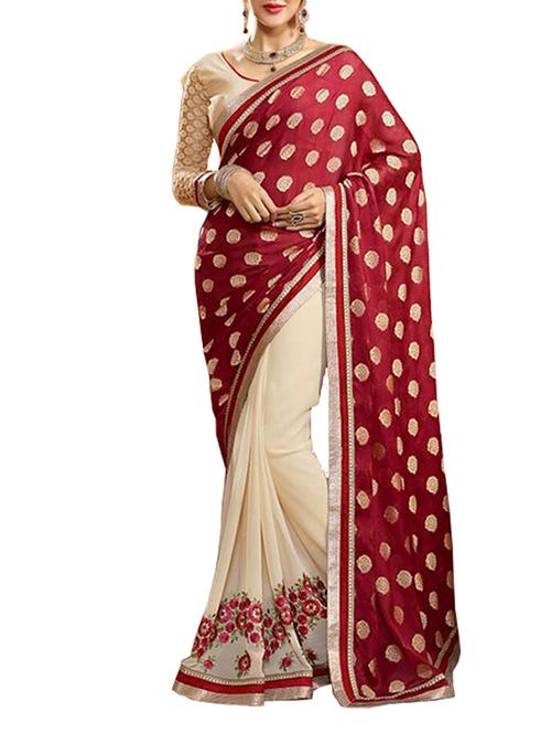 red and white georgette embroidered saree - 1322760 - Very Small Image - 1