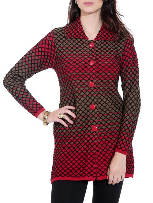 red and brown woolen collared cardigan - 1324272 - Very Small Image - 1
