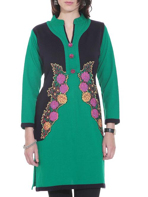embroidered green and black woolen kurta with pockets - 1324326 - Very Small Image - 1