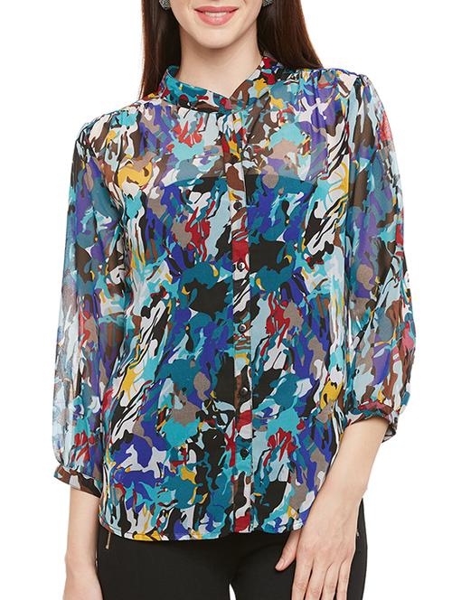 abstract printed mandarin neckline top - 13244647 - Very Small Image - 1