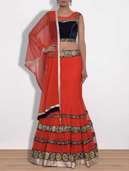 red embroidered net lehnga set - 1324823 - Very Small Image - 1