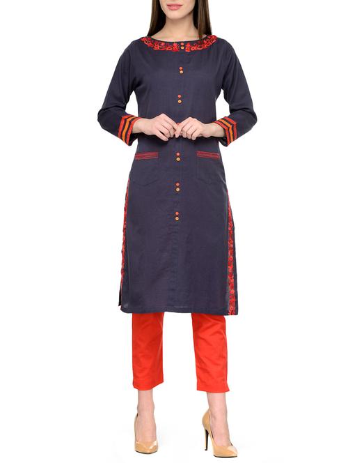 dark blue cotton long kurta - 13248516 - Very Small Image - 1